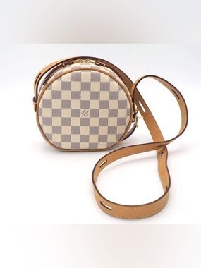 L V White Checkered Round Crossbody Bag with Tan Trim